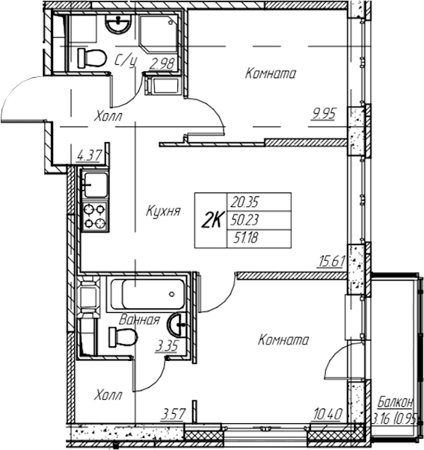 1-комнатная квартира 51.18 м², 14/22 эт., ЖК «Парк-квартал Юнтолово»